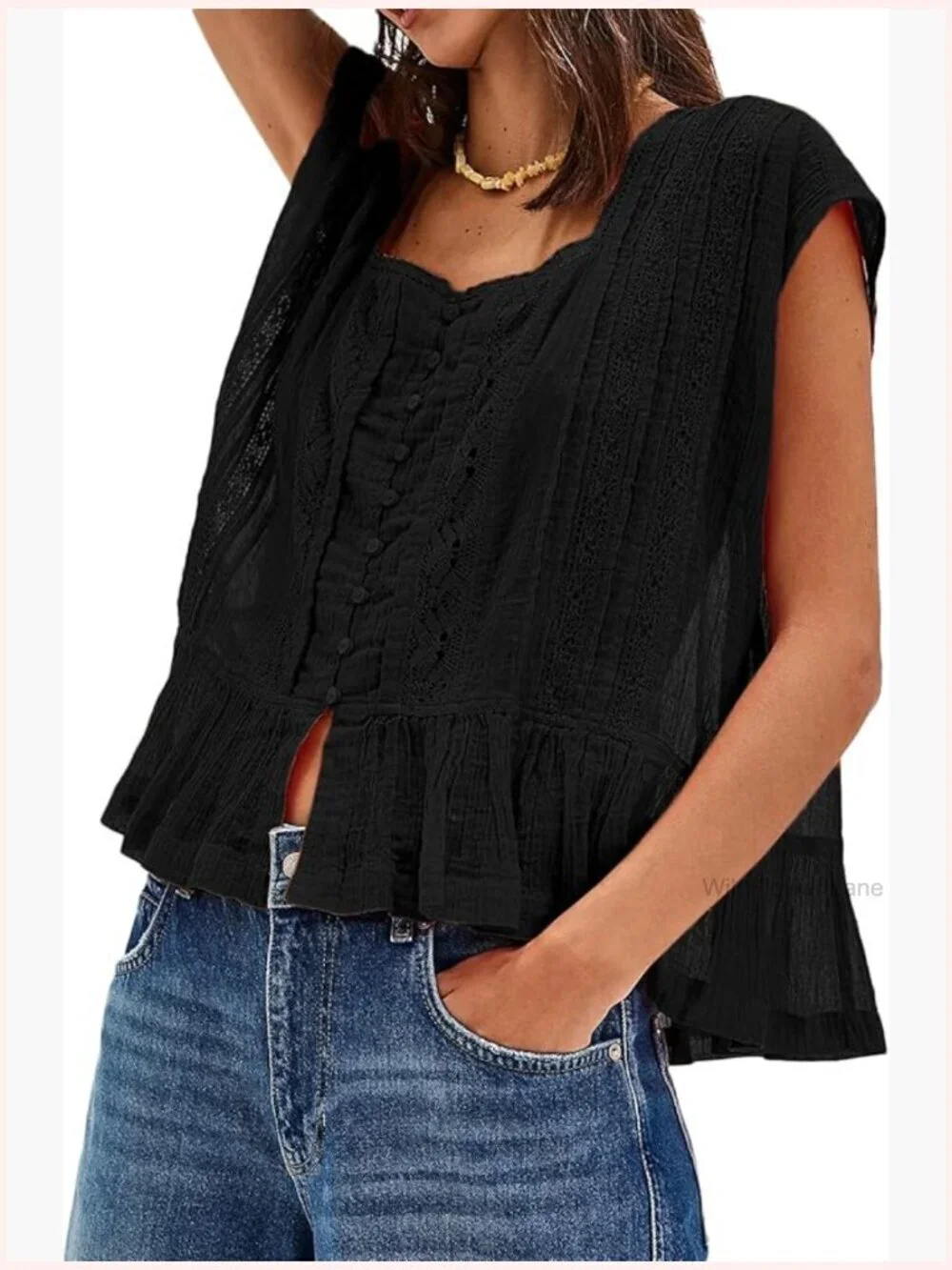 Lace Flowy Peplum Top Boho Bow Tie Front Western Sheer Ruffle Trim Blouse